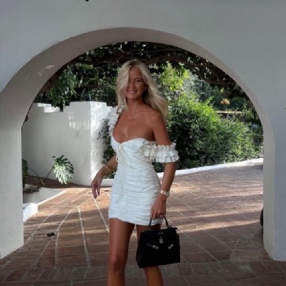 Zara White Ruched Ruffle Mini Dress - Picture 2 of 6